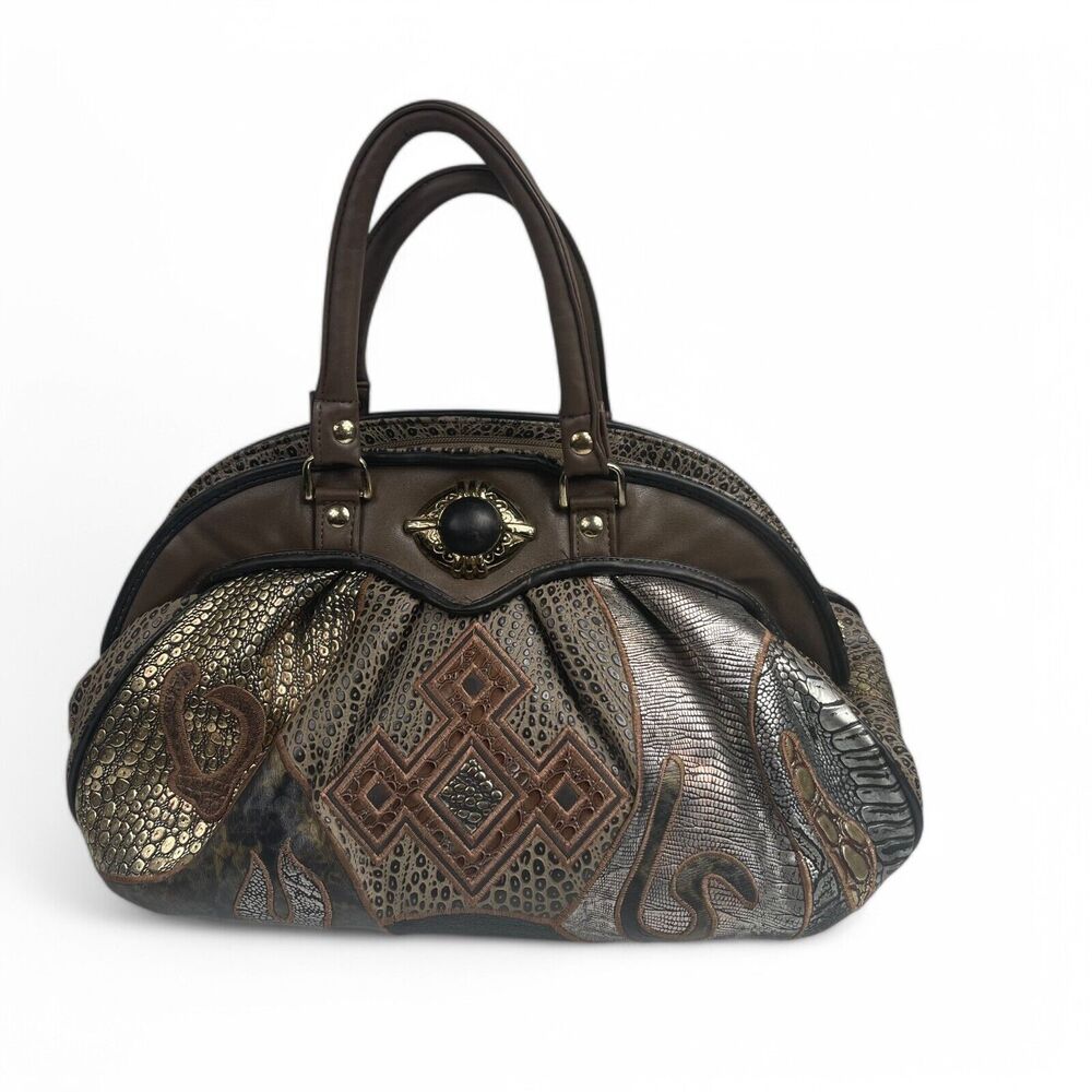 VTG 90s Wide Mouth NAS BAG Handbag Vegan Leather Metallic Brown Cottage Mob Wife